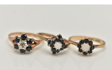 THREE 9CT GOLD GEM SET RINGS, the first an opal and dark blu...