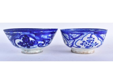 TWO ANTIQUE PERSIAN SAFAVID BLUE AND WHITE POTTERY BOWLS. La...