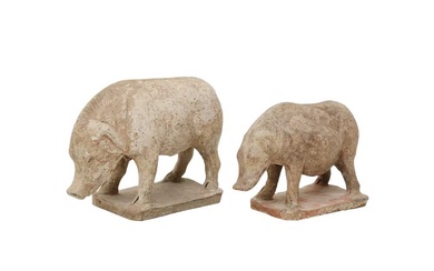 TWO CHINESE POTTERY FIGURES OF BOARS 漢 陶豬兩件