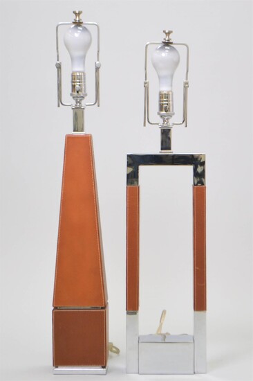 TWO CONTEMPORARY RALPH LAUREN LEATHER STITCHED CHROME LAMPS