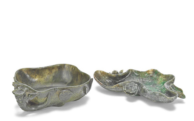 TWO SPINACH-GREEN JADE 'LOTUS' BRUSH WASHERS 19th century