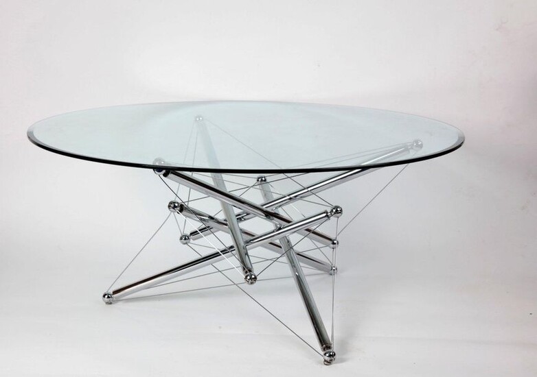 Coffee table, circular tempered glass top, chamfered edge, "modern" legs,...