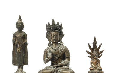 Thailand, a bronze figure of Buddha Muchalinda and a standing figure of Buddha and Sino-Tibet, a seated figure of Avalokiteshvara, 20th century
