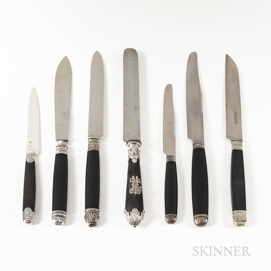 Three Cased Sets and Three Loose Sets of French Ebony-handled Knives