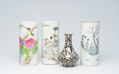 Three Chinese qianjiang cai hat stands with ladies and a bird among blossoming branches and a vase