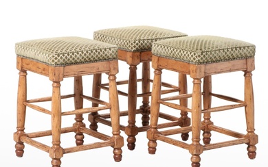 Three French Provincial Style Hardwood and Custom-Upholstered Counter Stools