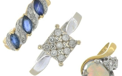 Three gold diamond and gem-set rings.Gems include