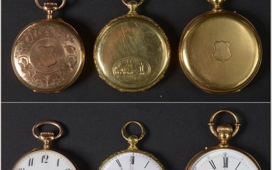 Three pocket watches in 18K yellow gold. Total...