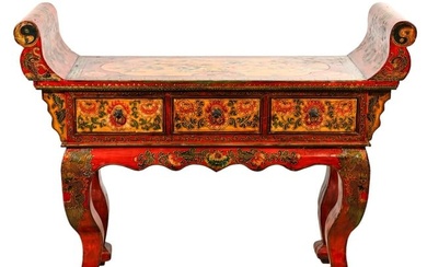 Tibetan Painted Red Lacquered Wing Top Altar Table