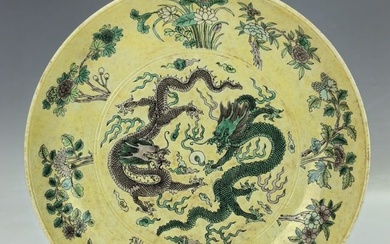 Tricolor Glazed Plate with Green and Purple Dragon on Yellow Ground