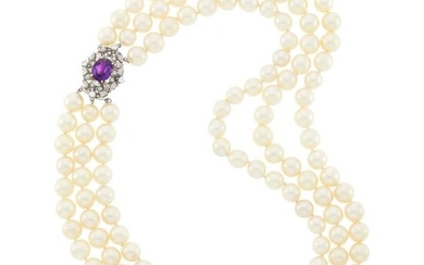 Triple Strand Cultured Pearl Necklace with White Gold, Amethyst and Diamond Clasp