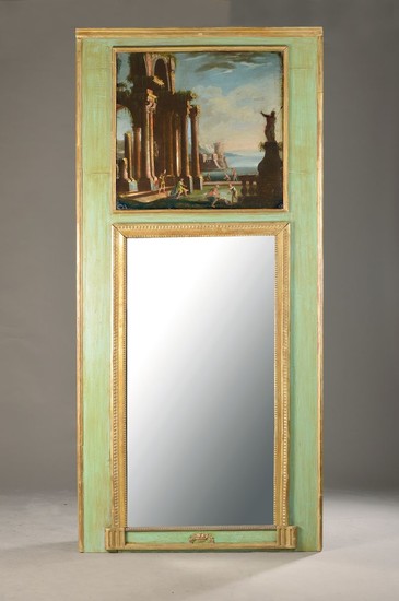 Trumeau/Mirror, France, around 1800, wooden frame green...