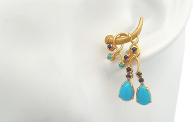 Turquoise and Lapis 22k Yellow Gold Floral Screw Back Long Earrings