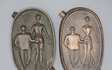 Two [2] Risque Man & Woman Bronze Ashtrays Circa 1920