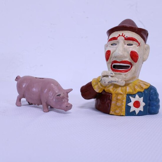Two Cast Iron Banks - Clown & Pig