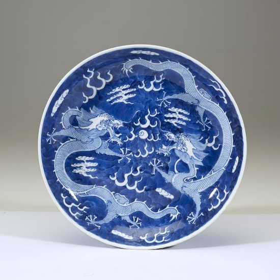 Two Chinese blue and white porcelain "Dragon" dishes