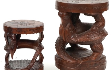 Two Chinese carved hardwood dragon design occasional tables,...