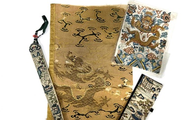Two Chinese silk embroidered panels, and two embroidered cases