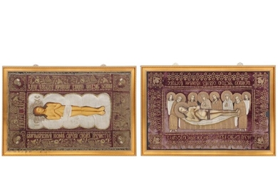 Two Russian 19th century epitaphios depicting Corpus Christi and Lamention upon the Grave. C. 100×163 and 96×153 cm. (2)