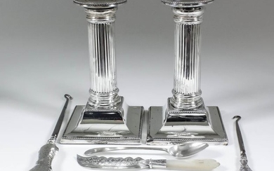 Two Victorian and Edward VII Silver Pillar Candlesticks, and...