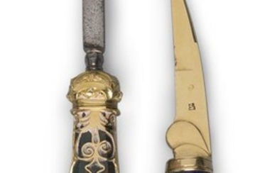 Two hardstone manicure knives, late 19th century, one with lapis lazuli faceted tapering handle, the gold blade with French import mark, 10.1cm long; the other with bloodstone handle, gold casing and steel blade, 10.5cm long (2)
