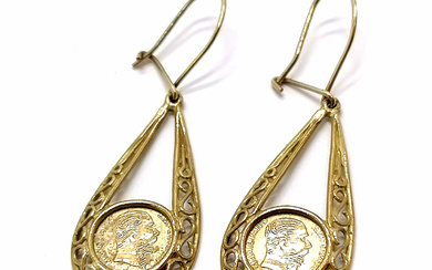 UNMARKED GOLD PAIR OF DROP EARRINGS SET WITH MEXICO MEDALLION DETAIL.