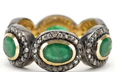 Unmarked yellow and white metal emerald and diamond ring, to...