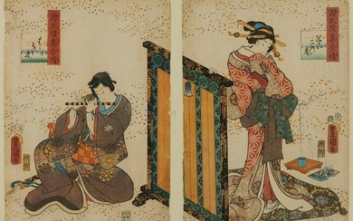 Utagawa Kunisada "Rustic Genji" Woodblock Diptych