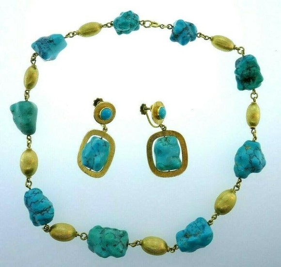 VINTAGE 18k Yellow Gold & Turquoise Necklace & Earrings