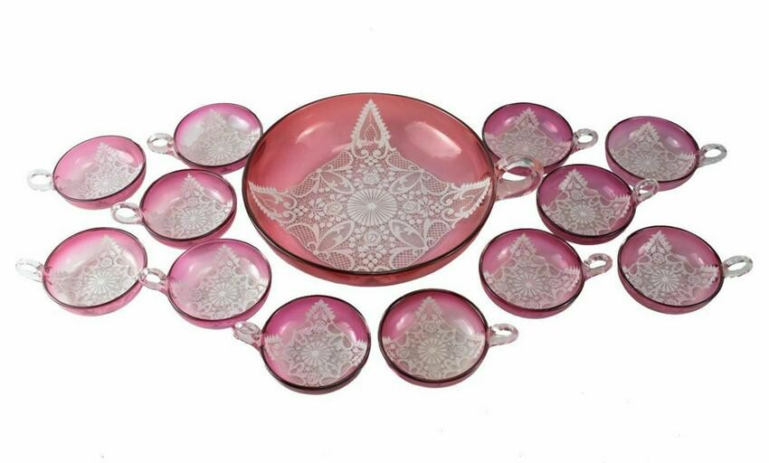 Venetian Lace Enameled Glass Berry Bowl Service for 12