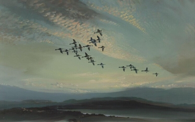 Vernon de Beauvoir Ward ARBA, British 1905¬®1985 - Geese in flight at sunset, 1947; oil on canvas, signed and dated lower right 'Vernon Ward 47', 76 x 91 cm (ARR) Provenance: Bonham's, London 5th August 2020, lot 25; private collection, purchased...