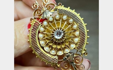 Victorian 18K Yellow Gold Diamond & Pearl Brooch