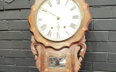 Victorian 'Act of Parliament' Wall Clock, carved & inlaid, with shaped face & white dial, pendulum window & scrolled base (one round...