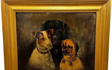 Victorian Oil Painting The Three Graces Jack Russell, Cocker Spaniel & Pug Dogs