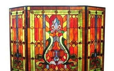 Victorian Stained Art Glass Fireplace Screen