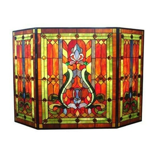 Victorian Stained Art Glass Fireplace Screen