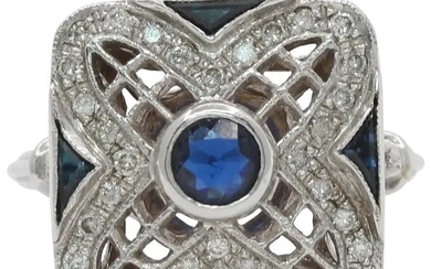 Vintage 18K White Gold Square Sapphire Diamond Alternative Engagement Ring