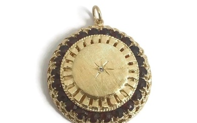 Vintage 1950's Garnet CZ Circle Necklace Pendant Charm 14K Yellow Gold, 15.46 Gr