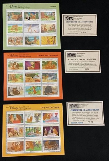 Vintage 1996 Disney Animal Stamps Block lot of 3 B