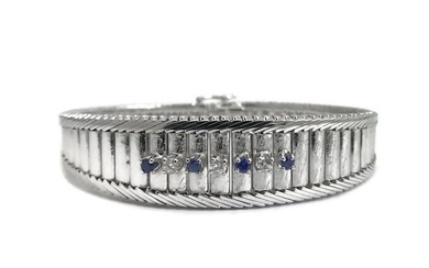Vintage Blue Sapphire Diamond Wide Flex Bracelet 14K White Gold, 32.22 Grams
