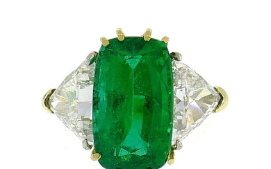 Vintage Emerald Diamond 18k Gold Three-Stone Ring