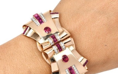 Vintage GIA Burma No Heat Ruby Diamond Rose Gold Bangle Bracelet & Double Pin