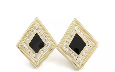 Vintage Geometric Black Onyx Diamond Drop Earrings 14K Yellow Gold, 9.82 Gram