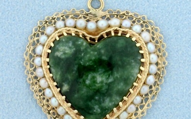 Vintage Jade and Pearl Heart Pendant in 14K Yellow Gold