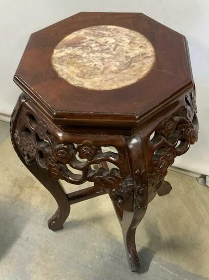 Vintage Marble Top Carved Wooden Plant Stand