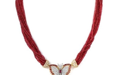 Vintage Ruby Diamond 18K Gold Butterfly Brooch Beaded Strand Necklace