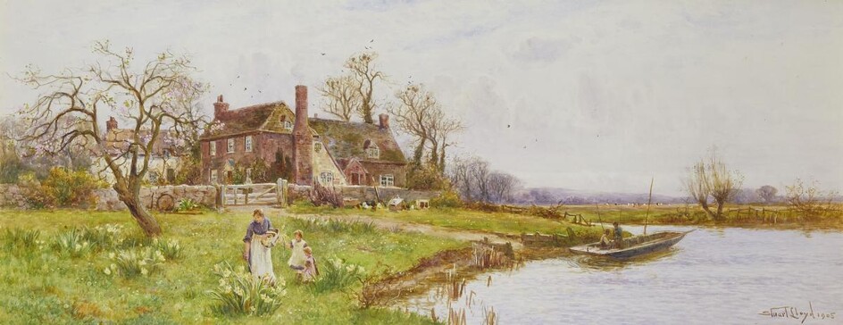 Walter Stuart Lloyd RBA, British 1845-1959- Mother with children picking flowers by the edge of a village; watercolour heightened with white on paper, signed and dated 1905, 39.5 x 100 cm.