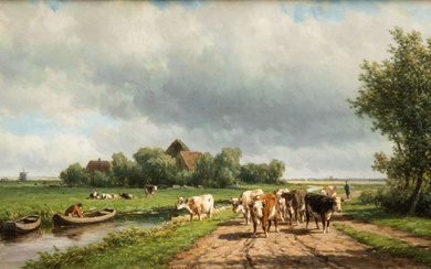 Willem Vester (1824-1895), Boerenlandschap met koeien op de weg langs de water