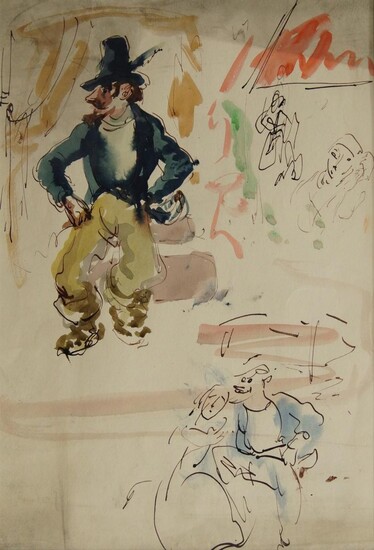 William D. Clyne, Scottish 1922–1981- Study of a man with a feathered hat, and other figures; pen, black ink, and watercolour on paper, 34.4 x 24.5 cm. (unframed/mounted) (ARR)