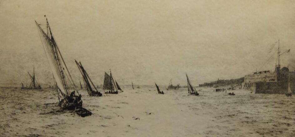 William Lionel Wyllie RA RBA RE RI NEAC, British 1851-1931- Off Seaview I.O.W; The entrance to Portsmouth Harbour; and Fishing boats off Rye, Isle of Wight; etchings, three, each signed in pencil, 16 x 36.5 cm, 17.7 x 38.6 cm, and 22.5 x 39.5 cm...